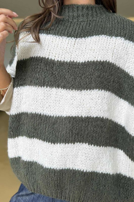  Big Softie Block Stripe Cap Sleeve Knit Top Khaki /15=